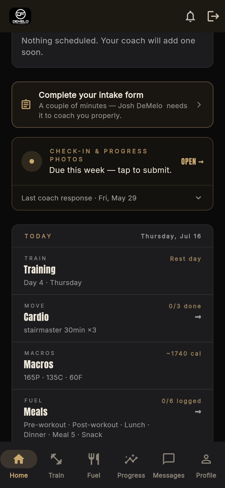 Z6 app today stack listing training, cardio, macros and meals for the day